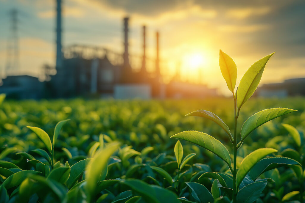 Eco plant growing beside oil plant visualizing green industry and sustainable energy shift